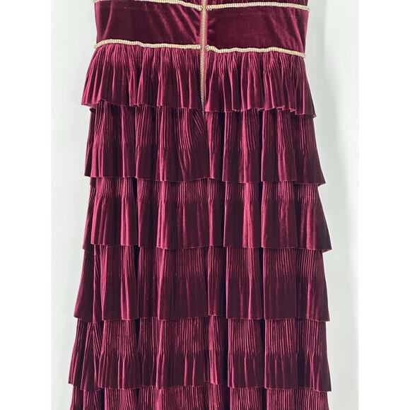 NWT Bronx & Banco Burgundy Velvet Tiered Maxi Gown XL US10 Gold Trim Pleated - Picture 9 of 16